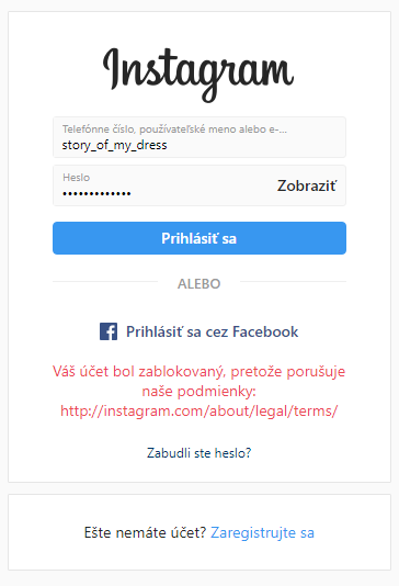 Zablokovaný účet na Instagrame