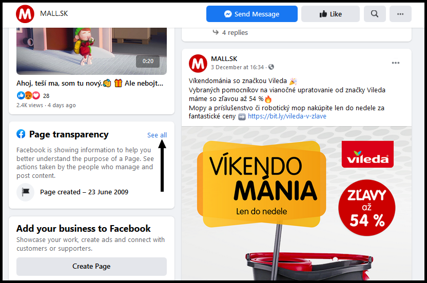 transperentnosť facebook page