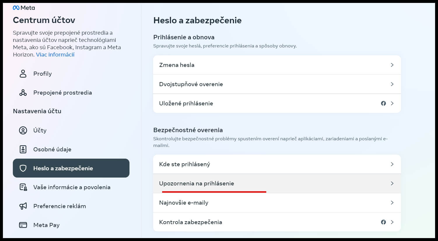 kontrola prihlásenia facebook meta centrum účtov
